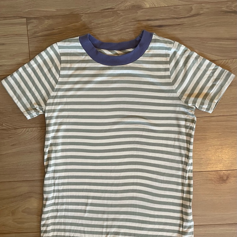 SOLD Striped green & white T-Shirt with Blue Collar